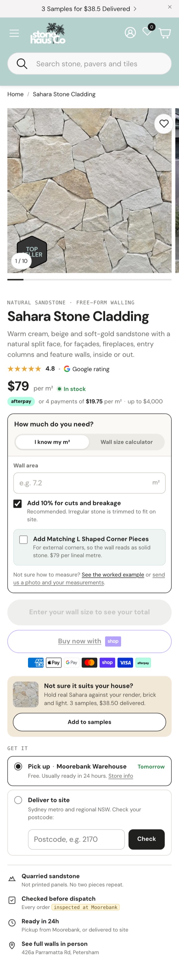 After: the redesigned Stonehaus Co Sahara Stone Cladding page with reviews, a wall-size calculator, samples and pickup options